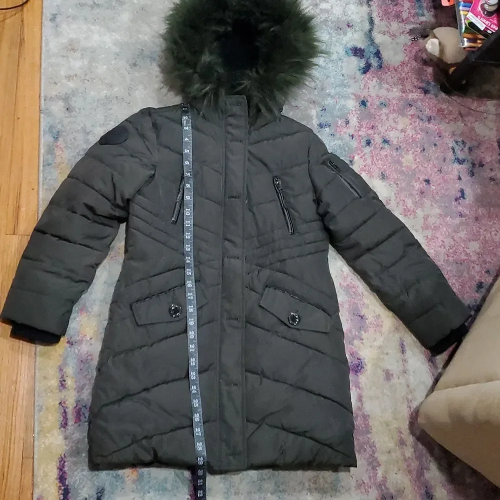 Diesel Olive Green Puffer Parka Jacket with Faux Fur Hood Kids Size 12